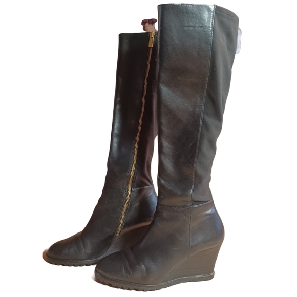 MICHAEL KORS "BROMLEY" LEATHER/FABRIC WEDGE BOOTS SIZE 9.5M - Picture 1 of 15